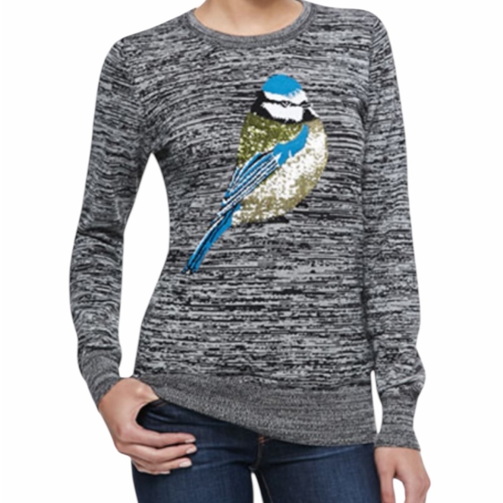 French Connection Sequin Bird Sweater Medium Grey Marled Knit Cotton